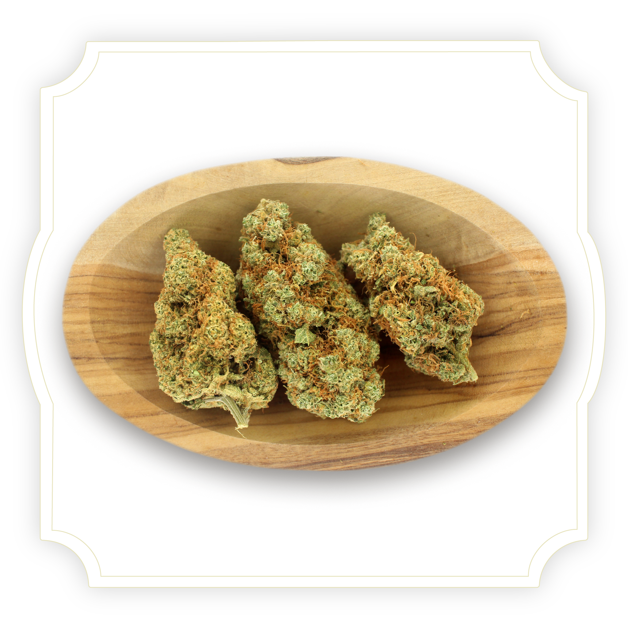 Photo of Gorilla Mandarine CBD tea flower buds in a wooden bowl