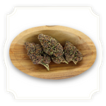 Load image into Gallery viewer, Sapphire Kush CBD flower close in wooden bowl up on white background
