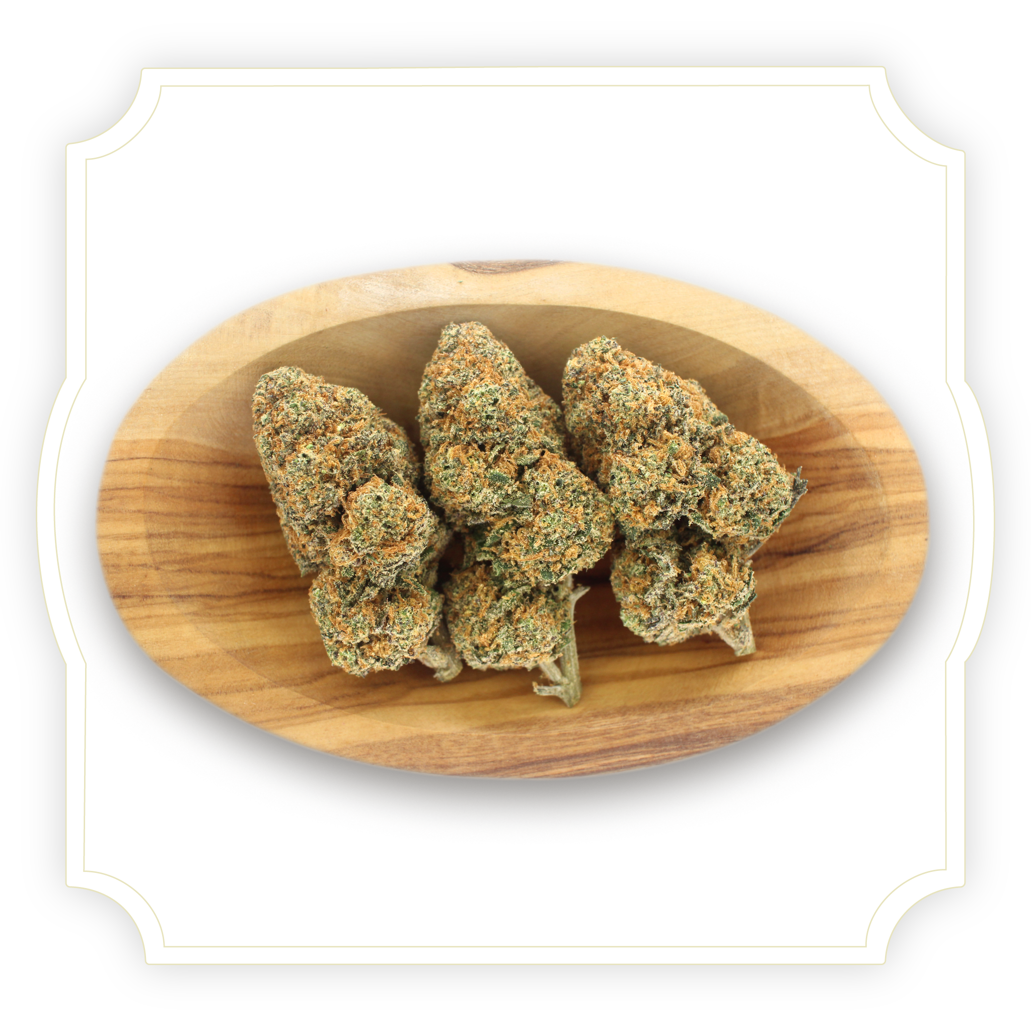 Photo of Blueberry Octane CBD hemp tea flower in wooden bowl