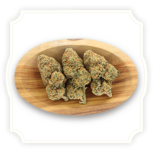 Photo of Blueberry Octane CBD hemp tea flower in wooden bowl